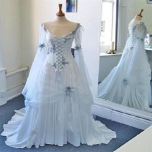 Vintage Celtic Wedding Dresses White And Pale Blue Colorful Medieval Bridal Gowns Scoop Neckline Corset Long Bell Sleeves Applique312h