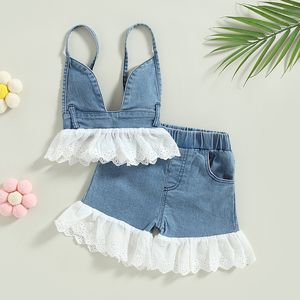 Set di abbigliamento 0 5Y Neonate Vestiti estivi 2023 Bambini senza maniche Tie up Canotte Pantaloncini con bordi in pizzo Bambini Abiti in denim 230731