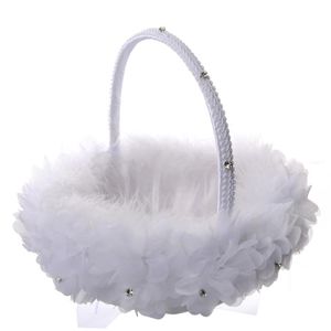 Biały struś Feather Flower Girl Kosz elegancki okrągły jedwabny koszyk kwiatowy Favors Wedding Accessory227J