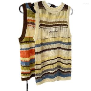 Men's Vests Fashion Striped Hollow Knitted Vest Summer Color Matching Sleeveless T-shirt Loose Couple Tops Male Clothes