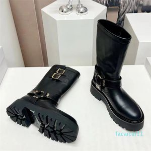 Dicker Boden, runder Kopf, mittelhohe Stiefel, Gürtelschnalle, Slip-On-Ritterstiefel, Damen-Outdoor-Schuhe, Designer-Halbstiefel