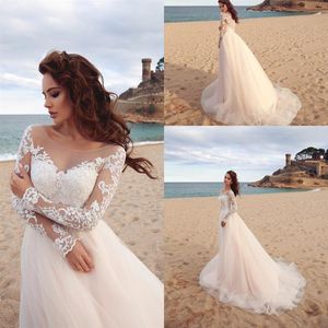 Abito da sposa elegante con applicazioni in pizzo A-Line Sheer Scoop maniche lunghe Tulle Boho Abiti da sposa Vestido De Novia Abiti da spiaggia230h