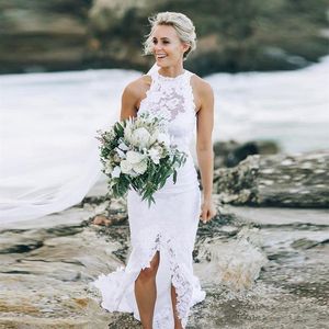 2021 Bohemian Plaj Gelinlik Ivory Elbiseler Yüksek Düşük Dantel Kısa Ön Yarık Uzun Arka Yatağı Boho Mermaid Gelin Gowns Vestidos283v