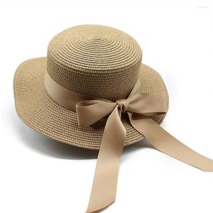 Cappelli a tesa larga Cappellini estivi femminili in paglia da sole 57-58cm Cinturino piatto champagne con fiocco Tinta unita Piccola spiaggia Viaggi Moda Donna TY0216