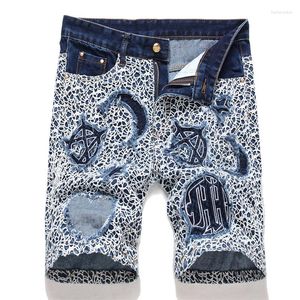 Mäns jeans sommar baggy blå mode broderad mid-rise casual denim shorts