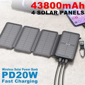 Banche di alimentazione per telefoni cellulari 43800mAh Banca di alimentazione wireless solare 4 pannelli solari PD20W QC3.0 Caricatore esterno con cavo a 2 uscite integrato con torce luminose L230731