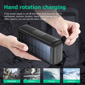 61200mAh Solar Power Bank with 3 Cable Hand Crank Charger Powerbank for iPhone 13 Samsung S22 Xiaomi Poverbank with Flashlight