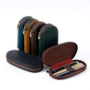 Genuine Leather Zipper Pen Case With 3 Holes Pencil Bag Vintage Retro Style Design Cowhide Storage Stationery Box Pouch