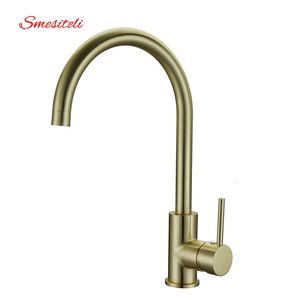 Rubinetti da cucina Smesiteli Ottone di alta qualità Classico a collo d'oca Miscelatore monocomando per lavello da cucina a 1 foro Finitura oro spazzolato 230729