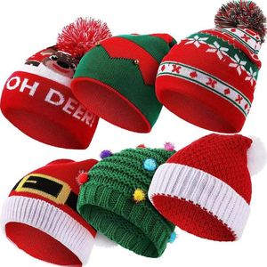 Christmas Knitted Hat Xmas Reindeer Santa Snowflake Pompom Beanie Red Green Crochet Tree Cap For New Year Party Adult Kids Gift