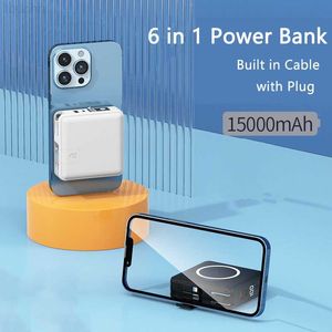 Mobiltelefon Power Banks Fast Magnetic Wireless Charging Magsafe Power Bank 15000mAh 22,5W PowerBank Porable Wall Charger With Cable AC Plug Phone Holder L230728