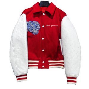 Flor psicodélica bordada Varsity Blouson com capuz com zíper enfrenta Varsity Blouson Blusão pintado com pontos para baixo Bluson jaqueta de uniforme de beisebol 1AB