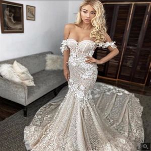 2021 Sexy Berta Off Shoulder Mermaid Wedding Dresses Lace 3D Applique Sweep Train Backless Custom Made Bridal Gowns robe de mariee187d