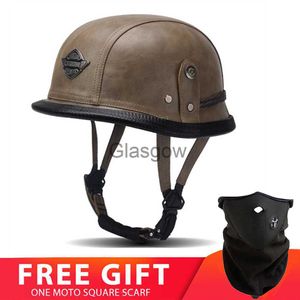 Hełmy motocyklowe Jyt retro pu skóra pół otwarta twarz kask motocyklowy mężczyzna Kobieta Niemiecka WW Vintage Motorbike Riding Cascos Para Moto x0731