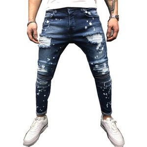 Niebieski uszkodzony chude dopasowanie jeansów ulicznych dżinsów motocyklowy motocykl Jean Causal Hole Pants Streetwear Mens Menser217a