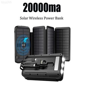 Cell Phone Power Banks Solar Power Bank 20000mAh Built in Cable Wireless Solar Charger Waterproof Solar Battery Charger for iPhone Samsung Outdoor L230731