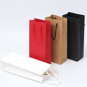 100pcs Plain Wine Packing Paper Bags with Handles for Wine Solid Red Black Brown Color Gift Bottle Carrier Present Wrap Packagin