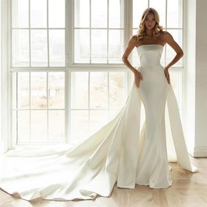 Elegant Simple Satin Mermaid Wedding Dress Bridal Gown with Detachable Train Strapless Backless Vestido De Noiva robe de mariee2377