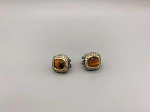 Kolczyki stadnonowe Le Han Jewelry kabel kabla Tiger-Eye z 18-karatowym złotym i przezroczystym sześciennym cyrkonem 16 mm