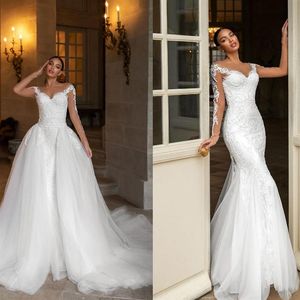 2021 Plus Size Mermaid Wedding Dresses with Detachable Train Sheer Neck Appliqued Lace Bridal Gowns robes de mariee293O