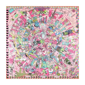 Manual Hand Rolled Twill Silk Scarf Women Disc Animal Building Print Square Scarves Echarpes Foulards Femme Wraps Bandana Hijab 90CM*90CM