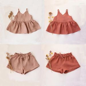 Kläder sätter barnkläder 2023 sommarflickor linne bomull två bit set camisole kjol topp med fyra hörn shorts baby
