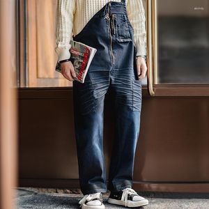 Herr jeans maden vintage indigo denim overaller för män 11.2 oz marin veckade jumpsuits ruched repade byxor lossa rak passform