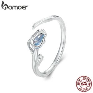 Wedding Rings 925 Sterling Silver Blue Tulip Opening Ring Flower Vine Adjustable for Women Romantic Fine Jewelry BSR465 230729