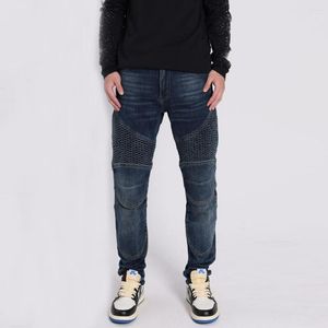 Jeans da uomo Moda Streetwear Uomo Retro Blu Elastico Slim Fit Impiombato Biker Rughe Patched Designer Pantaloni Hip Hop Hombre