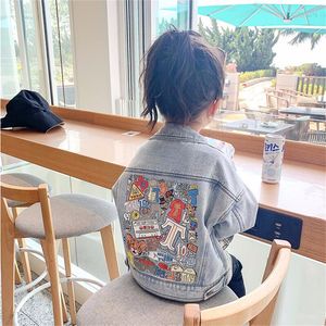 Jackets 2023 Fashion Baby Girls Blue Tooling Denim Jacket for Children Autumn Clothes Spring Boys Cartoon Print Coat Outwear 230731