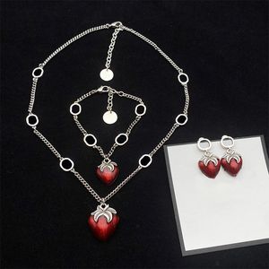 Women 925 Silver Jewelry Set Strawberry Red Enamel Heart Love Pendant Necklace Bracelet Earrings Classy Trendy Party Headdress