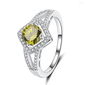 Cluster Rings Unique Square Olive Crystal White Gold Color Tone Fashion Retro Engagement Wedding Ring Jewelry For Women