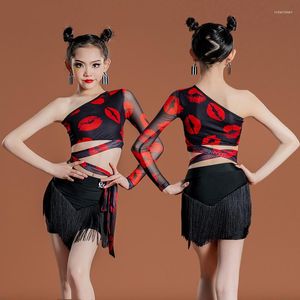 Stage Wear 2023 Tassel Latin Dance Performance Costume For Girls Enkel ärm toppar frans kjol cha klänningsträning kostym djl5341