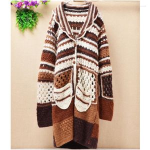 Women's Sweaters 1.5KG Heavy Thick Top Quality Wool Hand Knitted Crocheted Stripes Long Slim Vintage Cardigans Button Winter Jacket Coat