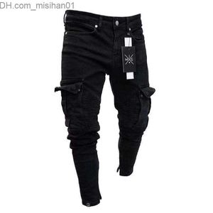 Men's Pants Men's ultra-thin bicycle tears long Denim Trousers tight jeans pocket young jogging pants destroy stretch black pants Z230731