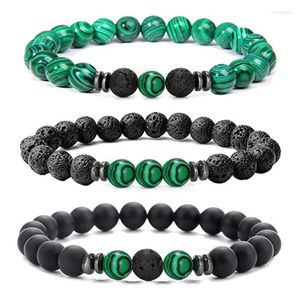 Pulseira com miçangas de malaquita natural para homens e mulheres legal elástico com miçangas verdes pulseira de pulso preto fosco acessório