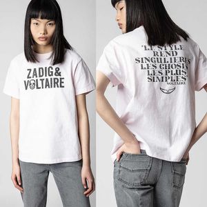 셔츠 럭셔리 의류 폴로 소매 의류 Zadig Voltaire T 셔츠 클래식 레터 인쇄 전면 긁힌 글꼴 면화 여성 짧은 슬리브 디자이너 조류 탑