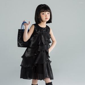 Flickaklänningar 8 10 år svart satin cool festkläder ärmlös ruffles tonårskvällsklänning