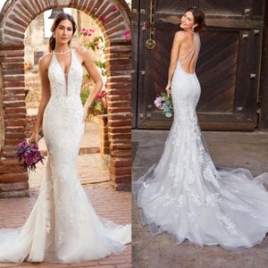 Kitty Chen 2020 Abiti da sposa Halter profondo scollo a V in pizzo Appliques Boemia Abiti da sposa Sexy Backless Mermaid Abito da sposa Robe De243l