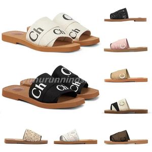 Designer Woody Sandals Womens Mules Flat Slides Light Tan Beige White Black Pink Lace Lettering Tyg Canvas Slipers For Women Summer Outdoor Shoes L1