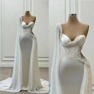 Pearls Mermaid Wedding Dress One Shoulder Long Sleeve Satin Illusion Bridal GownsTiered Pleats vestido de noiva Custom Made245I