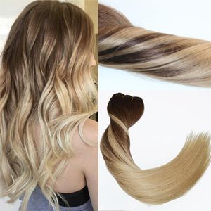 120 Gram Virgin Remy Balayage Hair Clip in Extensions Ombre Medium Brown to Ash Blonde Highlights Real Human Hair Extensions250C