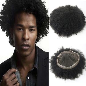 Afro Kinky Curly Toupee för män Full Swiss spetshårstycken Brasiliansk jungfrulig mänsklig hårbyte345i