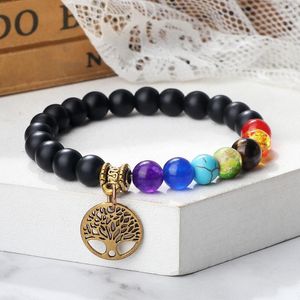 Strand Tree of Life Pendant Armband Reiki Healing 7 Chakra 8mm Black Lava Tiger Eye Natural Stone Yoga Energy Jewelry for Womam Man