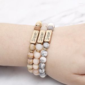 Strand 3 färger Letter Sister Natural Stone Armband Stretchable Metal Bangle Bead Chain for Women Girl IE Soul Mate Birthday Present