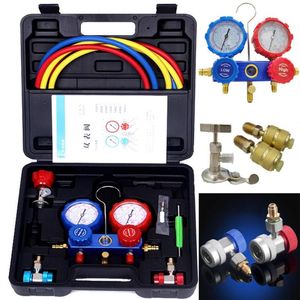 Professionellt handverktyg sätter 3 vägs bil HVAC -mätare med slangar AC Manifold Gauge Set R410A R134A R404A R22 Kylmedelsslangar Adapte248i