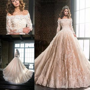 Vestidos de Novia 2017 Gorgeous A Line Wedding Dresses with Longleeves Tulleアプリケーションウェディングドレスブライダルガウンコートトレイン3121