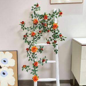 Flores decorativas rosa guirlanda pendurada artificial folhas de seda videira rattan para casa arco de casamento decoração de festa de natal plantas hera