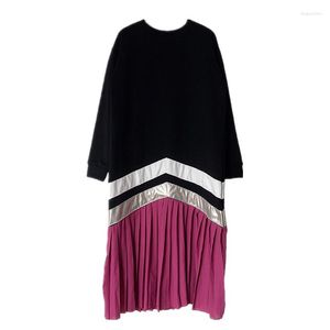 Casual Dresses Autumn Patchwork Dress Ladies Urban Loose Straight O-Neck Women Pullover Pleated