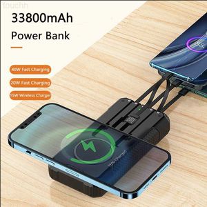 Banki zasilania telefonu komórkowego PD40W Szybkie ładowanie 33800MAH Solar Power Bank 15W QI bezprzewodowa ładowarka poverbank z kablem do Huawei iPhone 13 Xiaomi Powerbank L230731